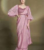 ready to wear two tone satin silk sequins beads work saree with stitched blouse