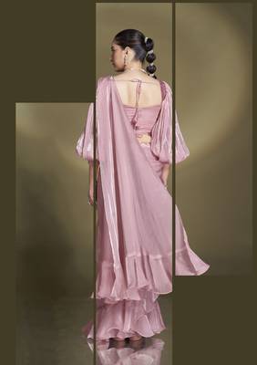 pre-stitched two tone satin silk blend sequins beads work saree with stitched blouse 2