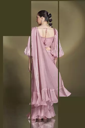 pre-stitched two tone satin silk blend sequins beads work saree with stitched blouse