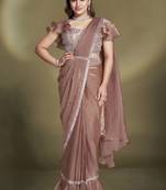 Two tone satin silk sequins beads work ready to wear saree with stitched blouse