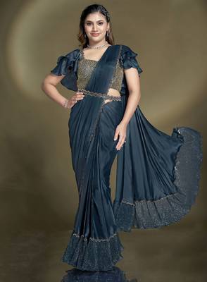 ready to wear crepe satin silk blend sequins beads work saree with stitched blouse 1
