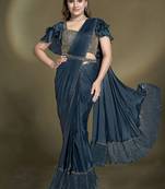 ready to wear crepe satin silk sequins beads work saree with stitched blouse