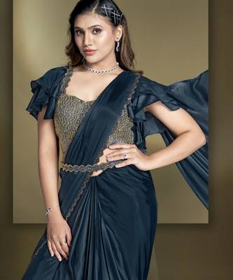ready to wear crepe satin silk blend sequins beads work saree with stitched blouse 2