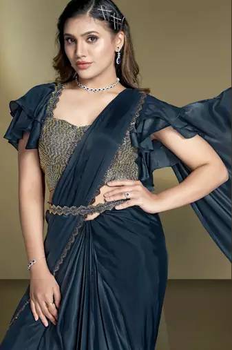 ready to wear crepe satin silk blend sequins beads work saree with stitched blouse