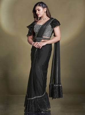 pre draped two tone satin silk blend sequins beads work saree with stitched blouse 1