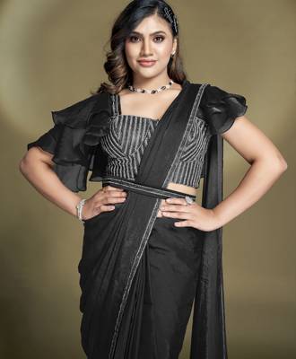 pre draped two tone satin silk blend sequins beads work saree with stitched blouse 2