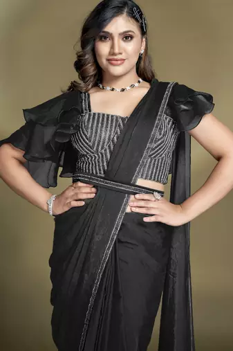 pre draped two tone satin silk blend sequins beads work saree with stitched blouse