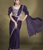 Crepe satin silk sequins beads work ready to wear saree with stitched blouse