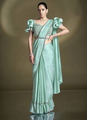 ready to wear crepe satin silk blend sequins beads work saree with stitched blouse 1