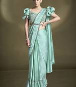 ready to wear crepe satin silk sequins beads work saree with stitched blouse