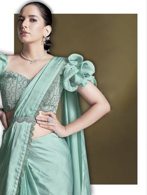 ready to wear crepe satin silk blend sequins beads work saree with stitched blouse 2