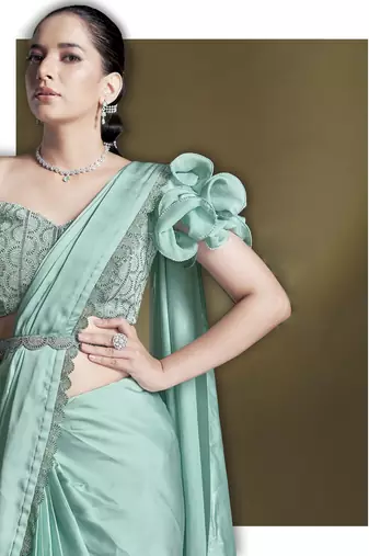 ready to wear crepe satin silk blend sequins beads work saree with stitched blouse