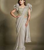 Two tone satin silk sequins beads work ready to wear saree with stitched blouse