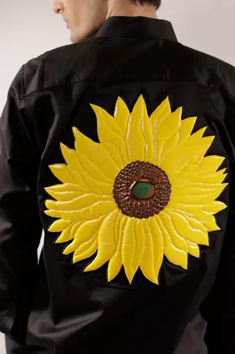 Quilted sunflower black cotton shirt