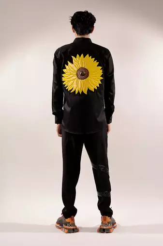 Quilted sunflower black cotton shirt