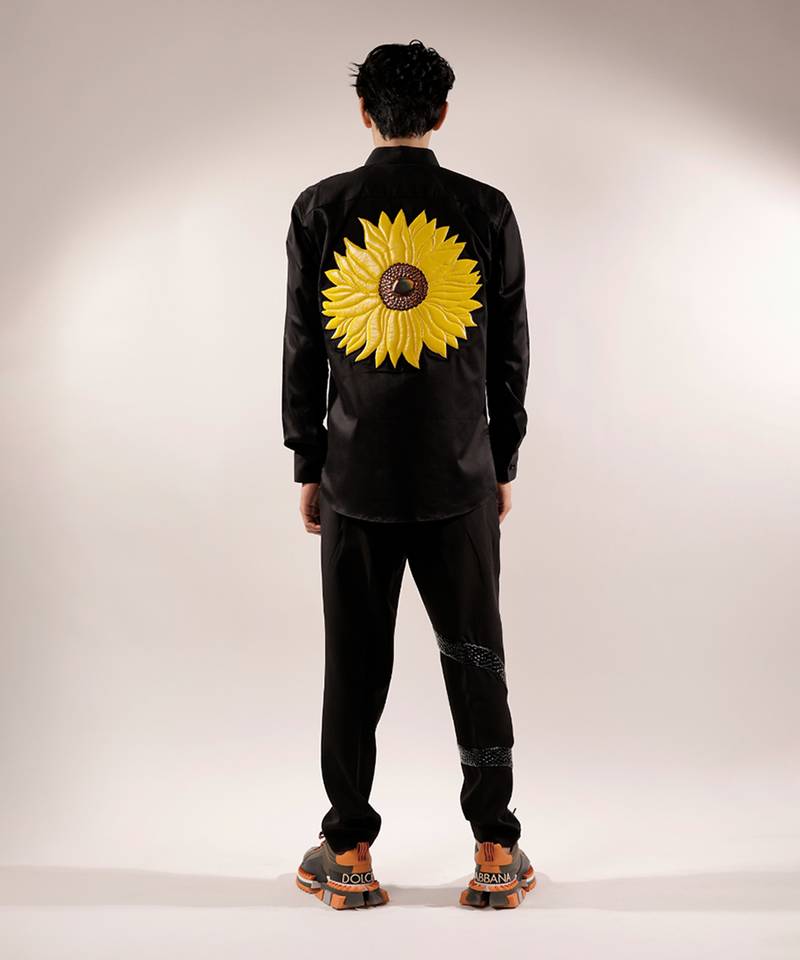 Quilted sunflower black cotton shirt