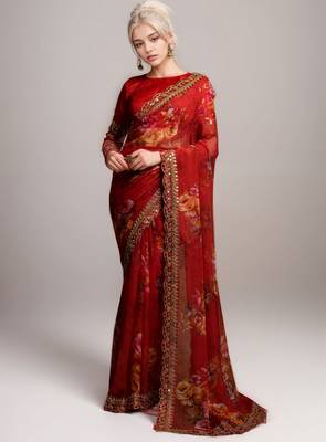 Red georgette floral printed with embroidered border saree 1