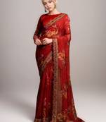 Red georgette floral printed with embroidered border saree