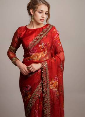 Red georgette floral printed with embroidered border saree 2