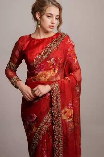 Red georgette floral printed with embroidered border saree