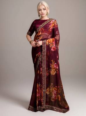 Wine georgette floral printed with embroidered border saree 1