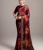 Wine georgette floral printed with embroidered border saree