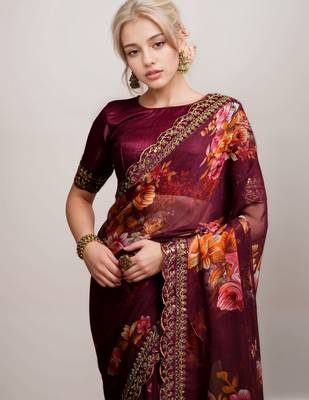 Wine georgette floral printed with embroidered border saree 2