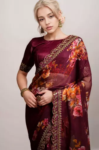 Wine georgette floral printed with embroidered border saree