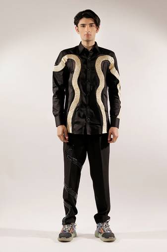 Golden quilted snake black cotton shirt