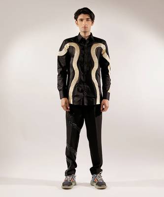 Golden quilted snake black cotton shirt 1