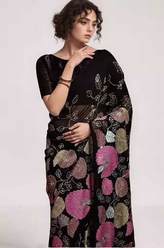 Black georgette sequins embroidered saree