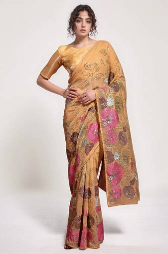 Chiku georgette sequins embroidered saree
