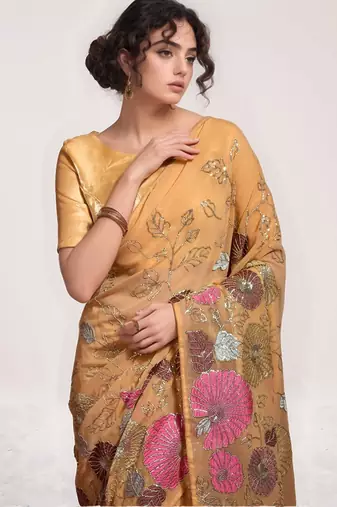 Chiku georgette sequins embroidered saree