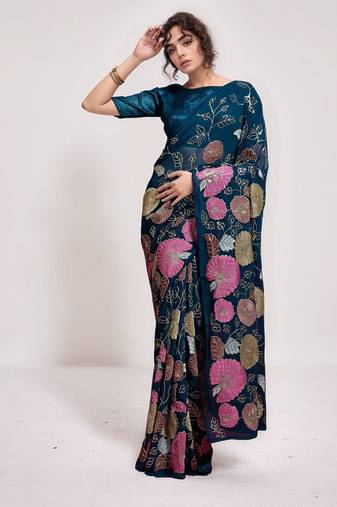 Petrol georgette sequins embroidered saree