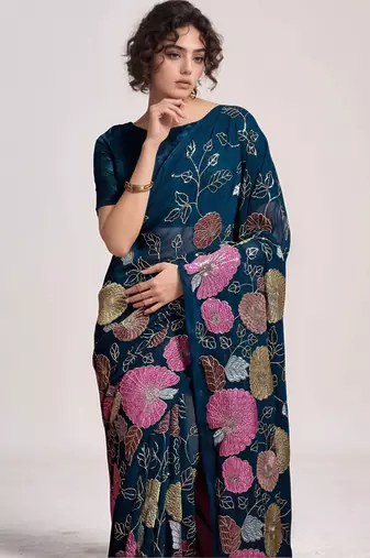 Petrol georgette sequins embroidered saree