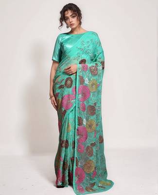 Sea green georgette sequins embroidered saree 1