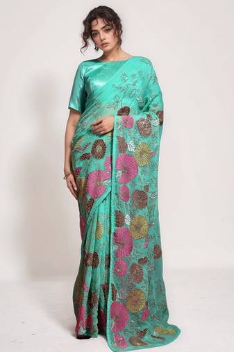 Sea green georgette sequins embroidered saree