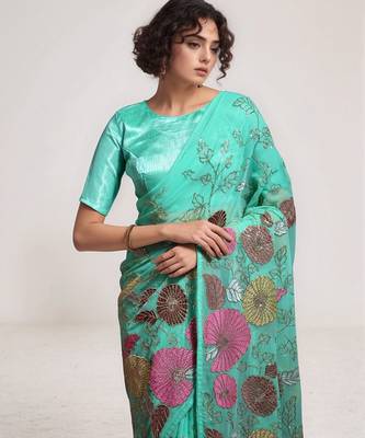 Sea green georgette sequins embroidered saree 2