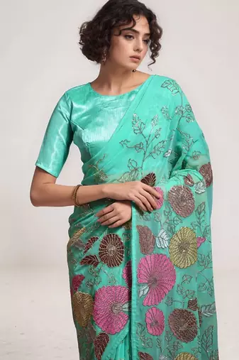 Sea green georgette sequins embroidered saree