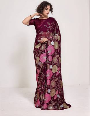 Wine georgette sequins embroidered saree 1