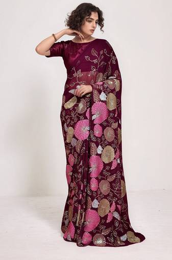 Wine georgette sequins embroidered saree