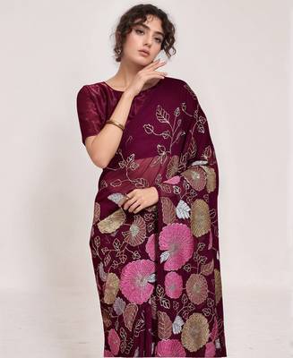 Wine georgette sequins embroidered saree 2