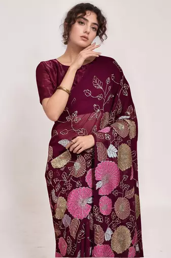 Wine georgette sequins embroidered saree