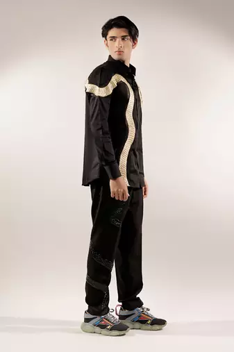 Golden quilted snake black cotton shirt