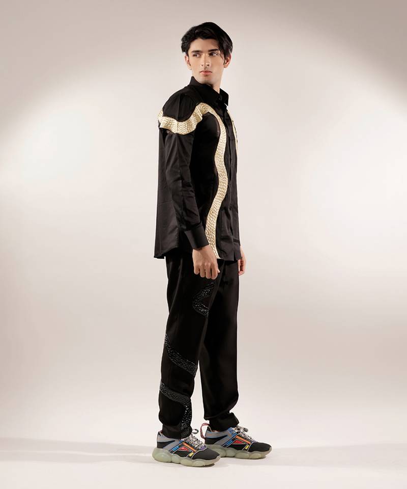 Golden quilted snake black cotton shirt