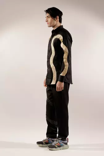 Golden quilted snake black cotton shirt