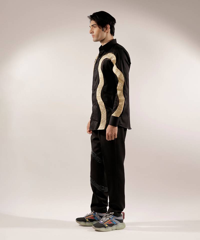 Golden quilted snake black cotton shirt