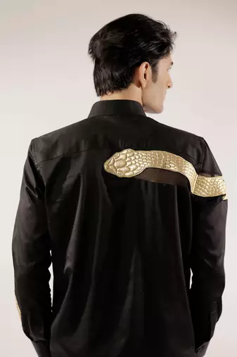 Golden quilted snake black cotton shirt