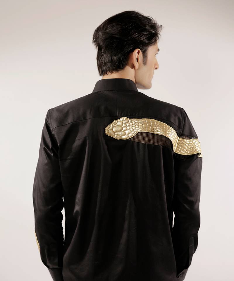 Golden quilted snake black cotton shirt