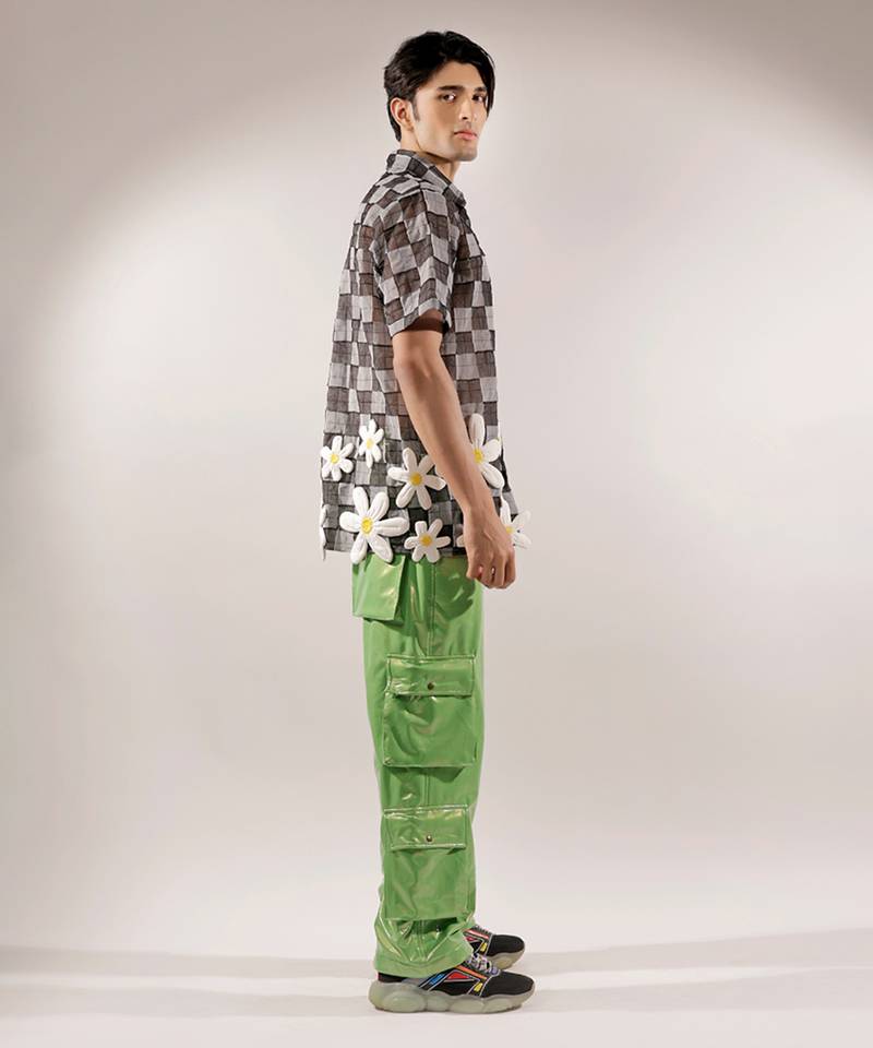 Net woven 3d flower net Black shirt